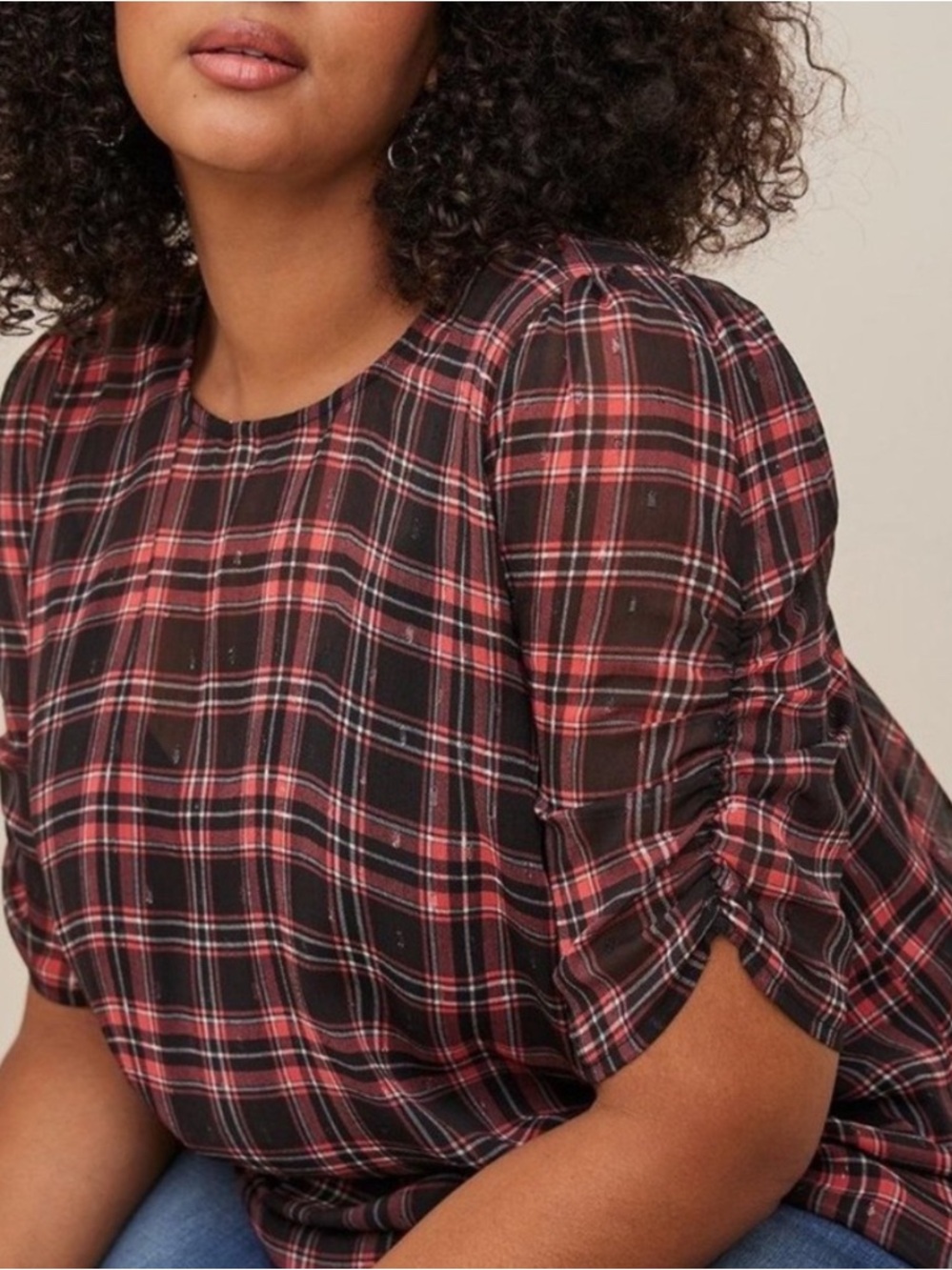 torrid Red and Black Plaid Short-Sleeve Blouse with Ruched Sleeves